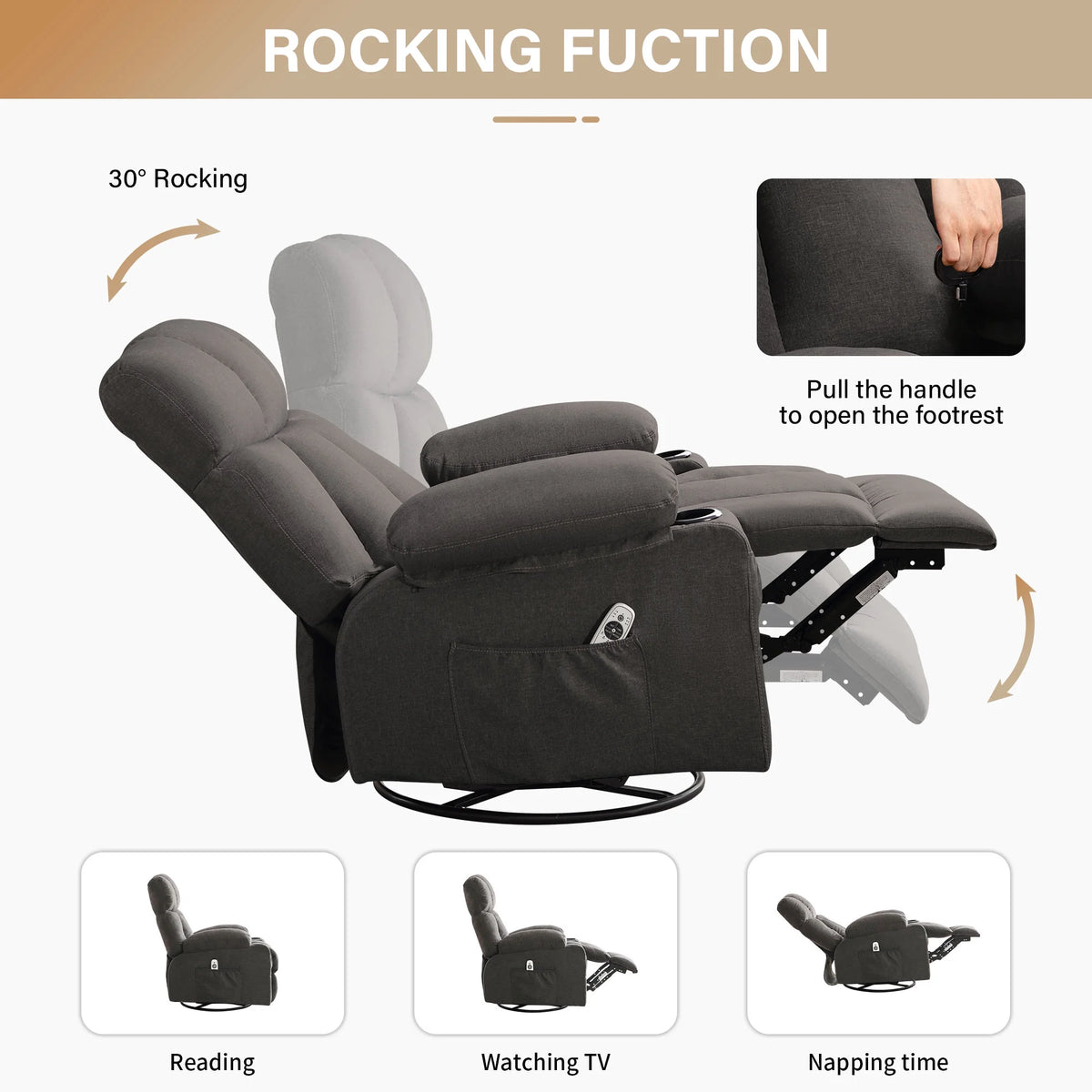 JONPONY Manual Recliner Chair with Heat Therapy and Massage Function, Heavy Duty Reclining Mechanism Massage Chair, Elderly Single Rocker Sofa with Cup Holders for Bedroom Home Theater,Grey