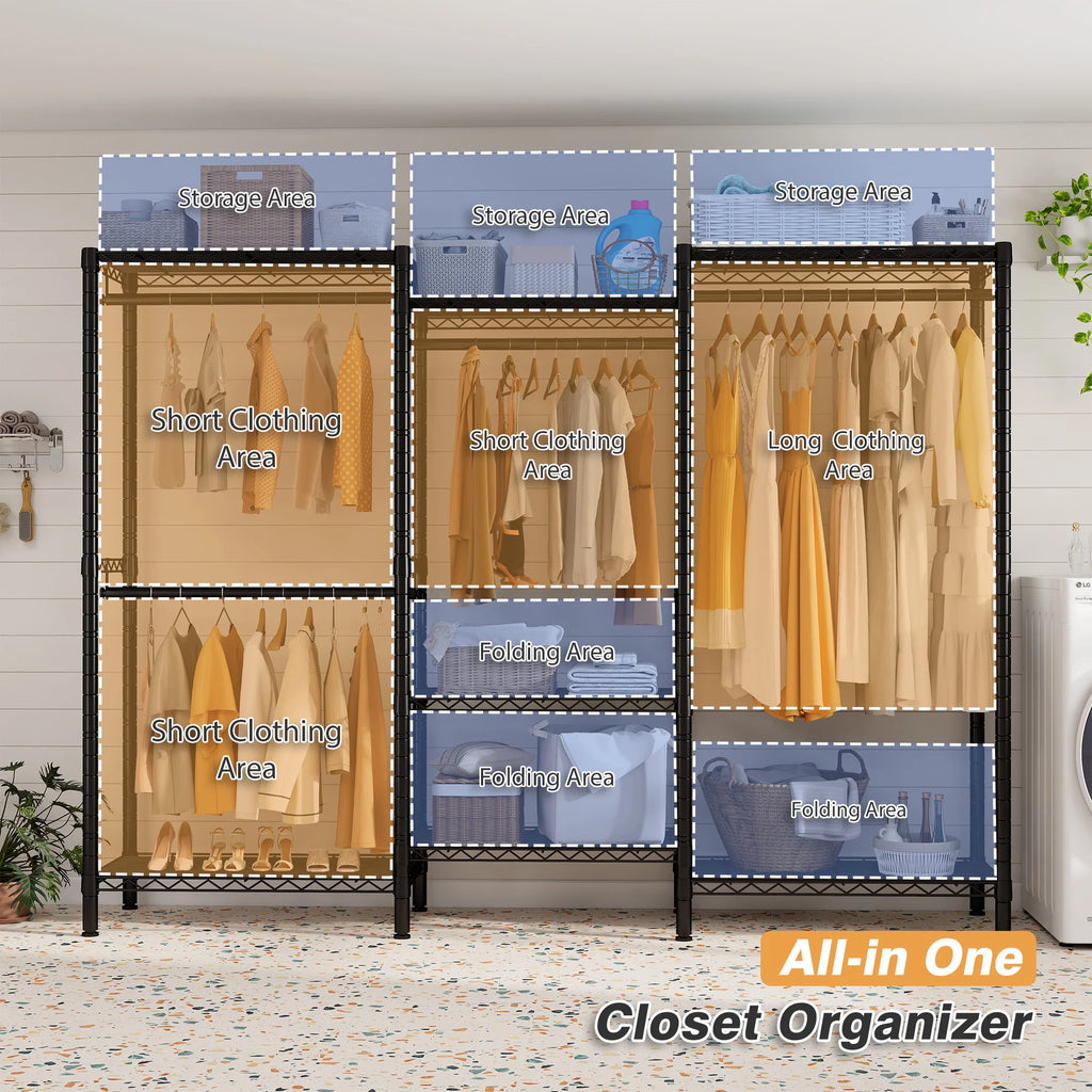 EnHomee 830 LBS Clothes Rack Heavy Duty Garment Rack with 4 Rods & 7 Shelves, Adjustable Metal Closet Organizer 77"H x 69"W x 16"D Black