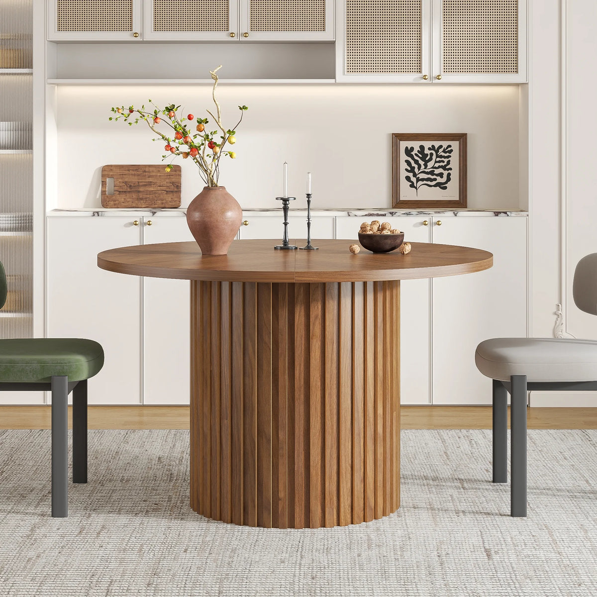 Modern Round Dining Table, 47 Inch Small Circle Kitchen Tables for 4-6, Wood Strip Base, Farmhouse Table for Kitchen, Dinning Room, Walnut