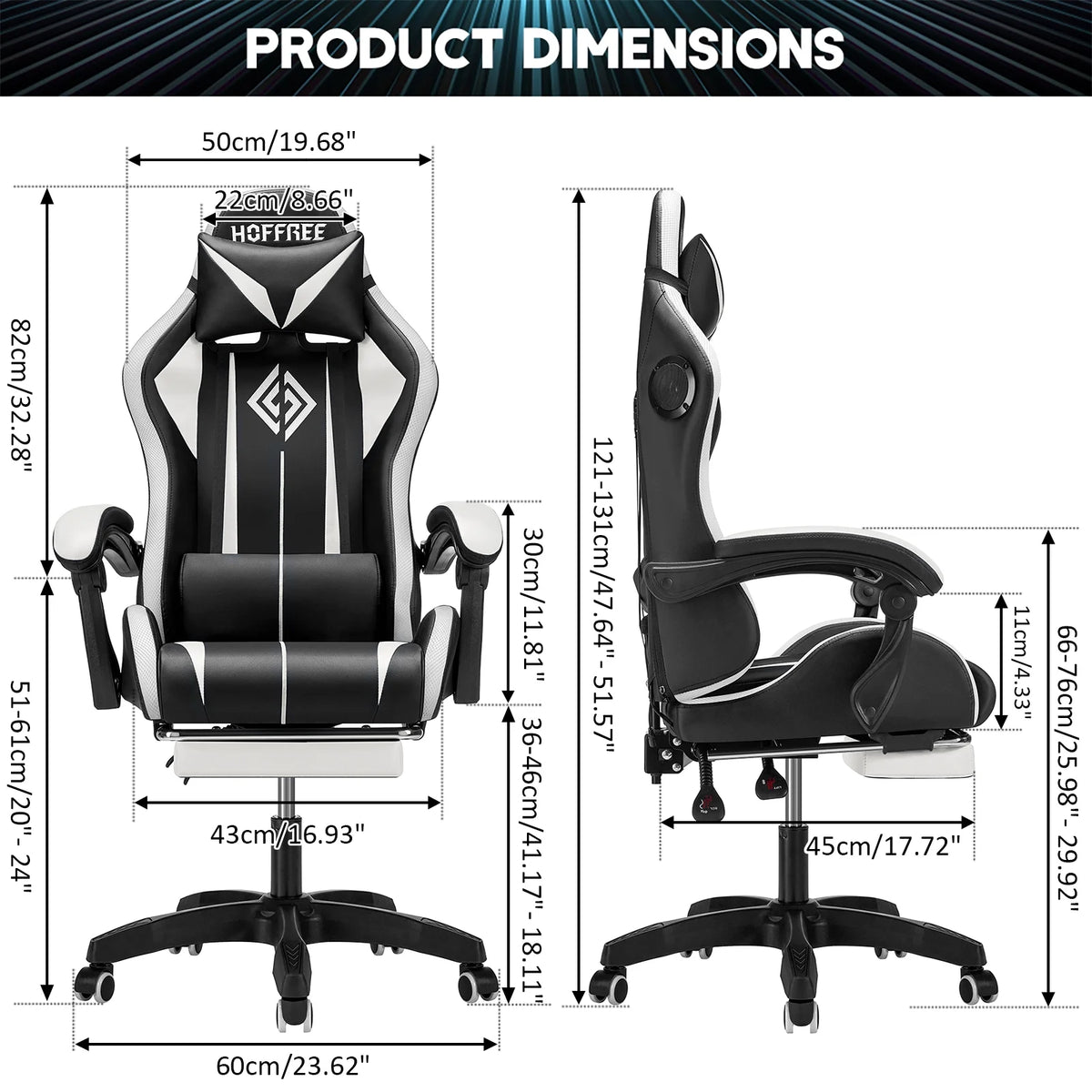 Hoffree Gaming Chair with Bluetooth Speakers and Footrest Massage Office Chair with LED Lights Ergonomic Game Chair High Back with Lumbar Support and Headrest Adjustable Swivel for Adults 300lb