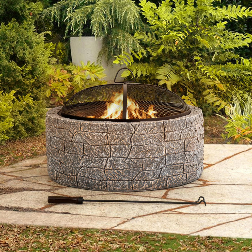 Sunjoy Stone Fire Pit 26 Inch, Outdoor Round Wood Burning Fire Pits with Spark Screen and Poker  Grey