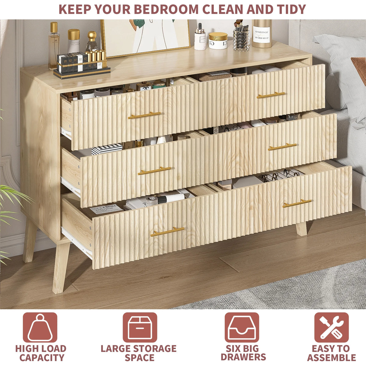Fluted 6 Drawers Dresser, Wide Modern Chest of Drawers, 6 Drawer Double Dresser