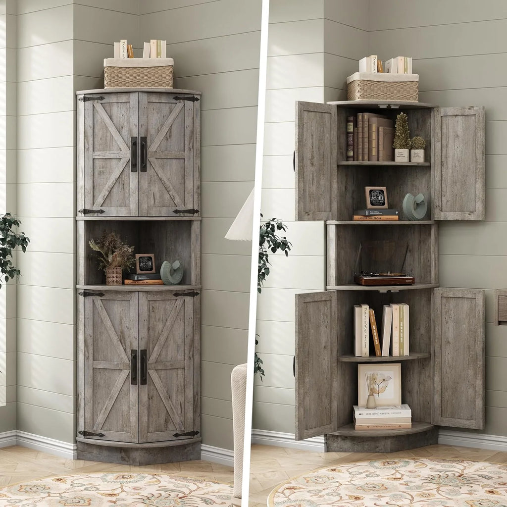 Vabches Farmhouse 64.8'' Tall Corner Cabinet with 4 Doors and 5 Storage Shelves for Kitchen, Living Room, White