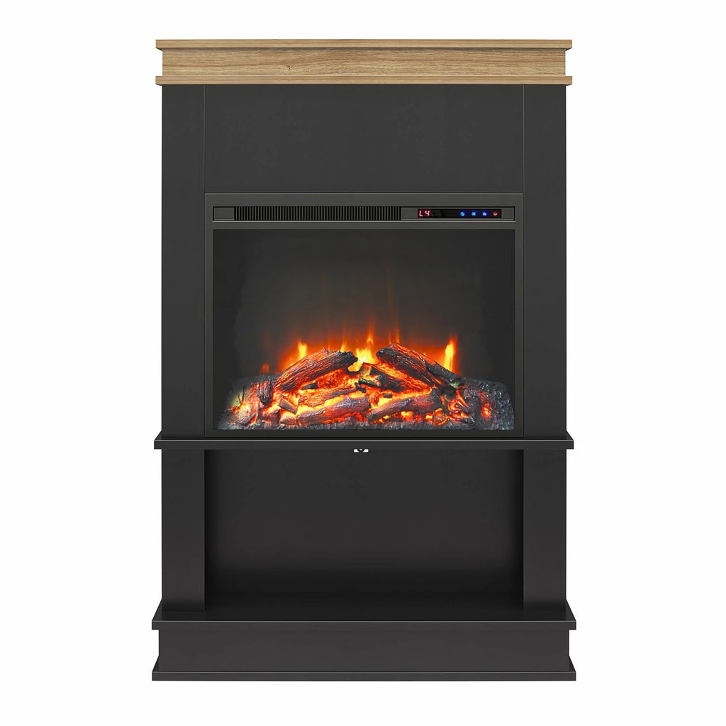 Mateo Electric Fireplace with Mantel and Open Shelf, Black with Natural