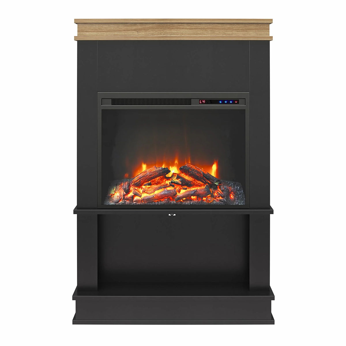 Mateo Electric Fireplace with Mantel and Open Shelf, Black with Natural