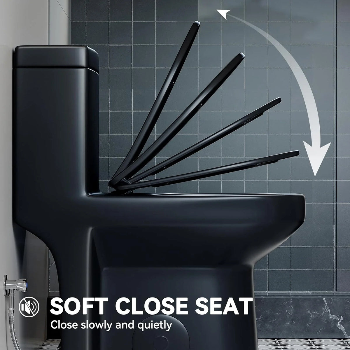 Small One Piece Toilet with Soft Closing & UF Seat,1.1/1.6 GPF Dual Flush 12'' Rough-In Matte Black