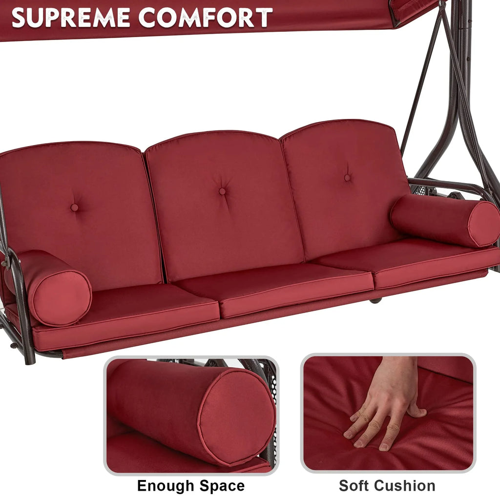 Homrest 3 Seat Outdoor Porch Swing with Adjustable Canopy, Cushions, and Cup Holder - Wine Red