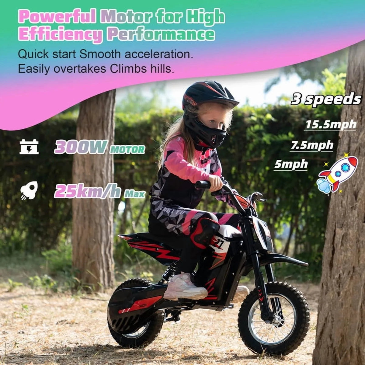 RCB Electric Dirt Bike,36V&300W&10Miles,3 Speed Modes Motocross for Kids Ages 3-12 Red