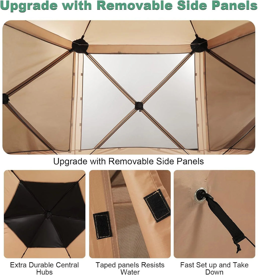 COBIZI 12x12 Pop Up Canopy Gazebo, Outdoor Canopy Tent Screen House with 5 sidewalls and Netting for Camping, Waterproof, UV Resistant, Ez Set-up Party Tent with Carrying Bag and Ground Stakes,Brown