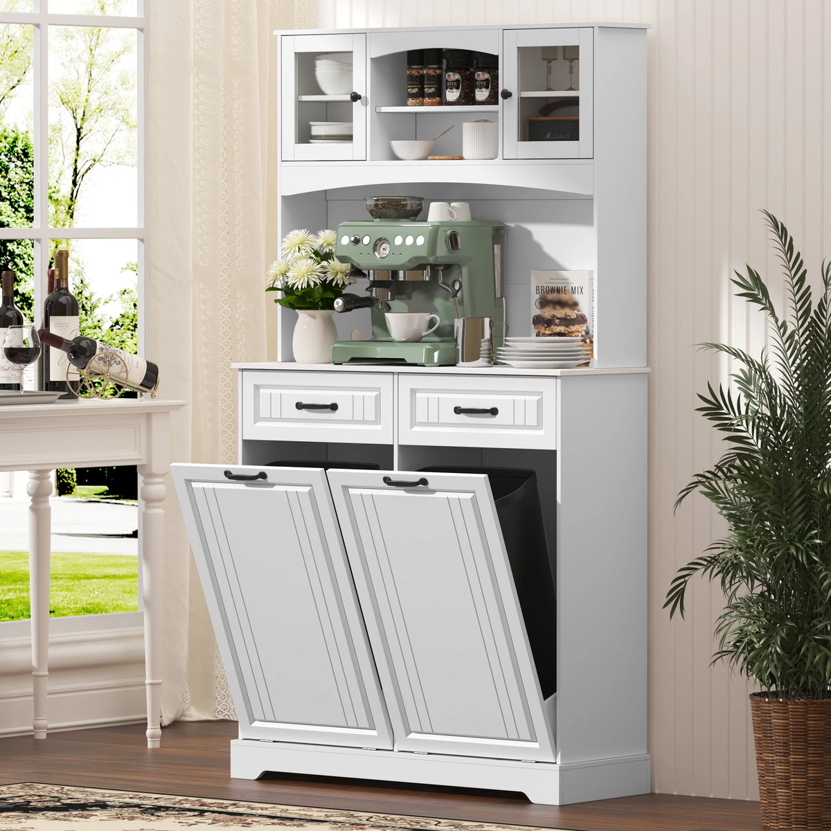 Double 13 Gallon Tilt Out Trash Can Cabinet with Deodorizing Function and Power Outlet, 71" Tall Wooden Garbage Can Holder Cabinet with 2 Storage Hutch & 2 Drawers for Kitchen and Dining Room, White