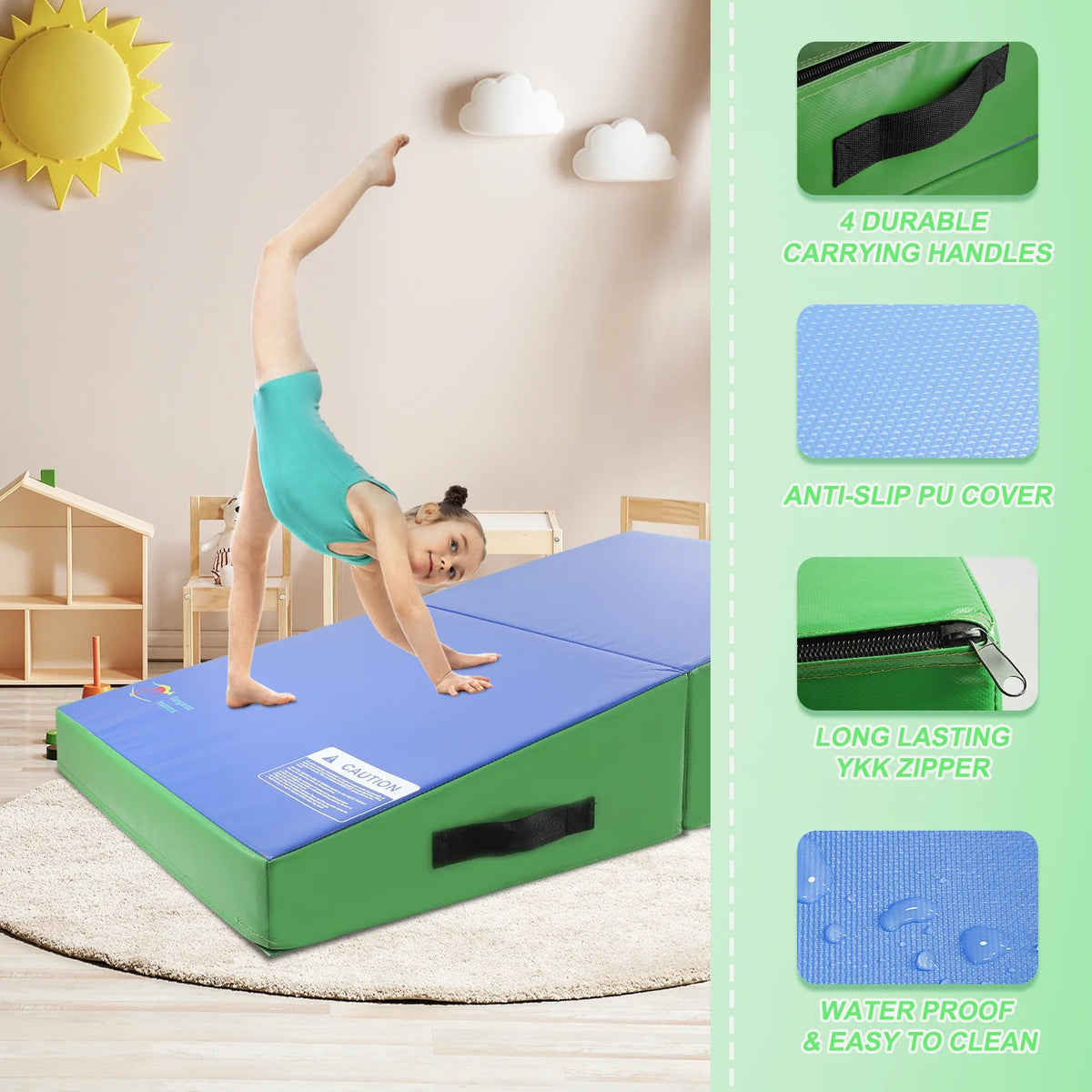 Kangaroo Hoppers Incline Gymnastics Mat, 48 x24 x14 Folding Wedge for Kids Tumbling, Skill Training, Multiple Colors Cheese Mat for Gymnastics, Home Gym Exercise