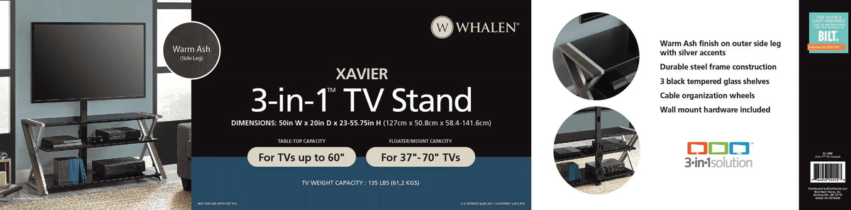 Whalen Xavier 3-in-1 Television Stand for TVs up to 70", Warm Ash