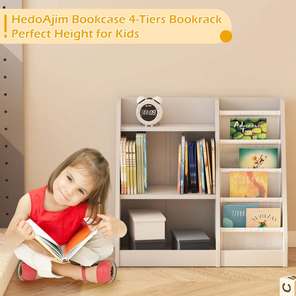 Hironpal Small 3 Tier Kids Bookshelf with 4 Layer Sling Adjustable Book Display Shelf for Nursery Playroom Kids Baby Bedroom