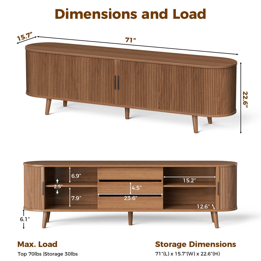 Planntonneo Mid-Century Modern Fluted TV Stand Wooden Media Console Entertainment Center for Living Room, Walnut Color