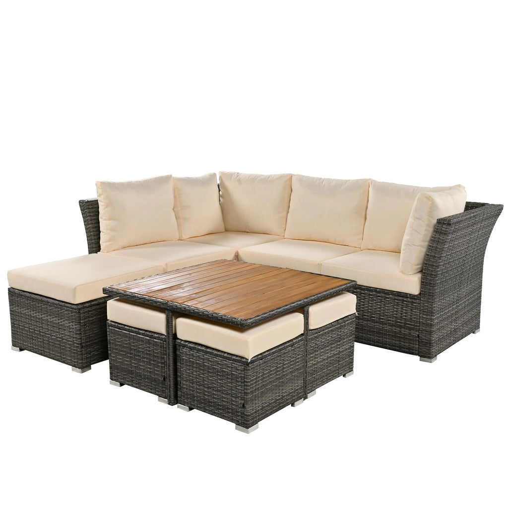 9 Pieces Outdoor Patio Furniture Set Outdoor Sectional Rattan Sofa Set Manual Wicker Patio Conversation Set with Ottomans, Solid Wood Coffee Table for Yard Deck Porch(Grey)