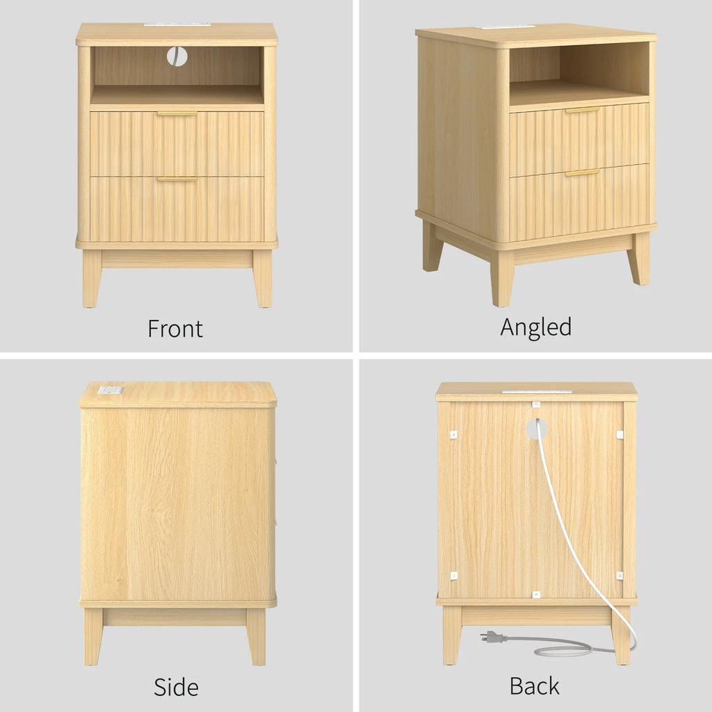 Night Stand with Charger Station, Fluted Nightstand with 2 Drawers and Storage Shelf, Mid Century Modern End Table for Bedroom Living Room,Natural