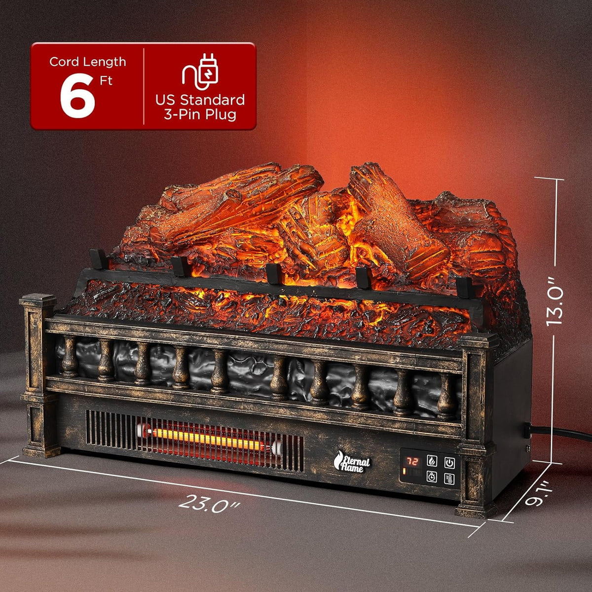 TURBRO Eternal Flame Infrared Electric Fireplace Logs, 23" Remote Control Fireplace Insert Log Heater, Realistic Lemonwood Ember Bed, Thermostat, Timer, 1500W Black