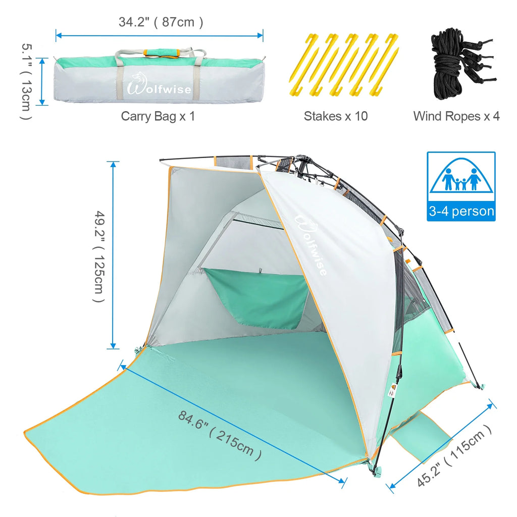 WolfWise 3-4 Person Easy Up Beach Tent UPF 50+ Portable Instant Sun Shelter Canopy Umbrella with Extended Zippered Porch, Mint Green