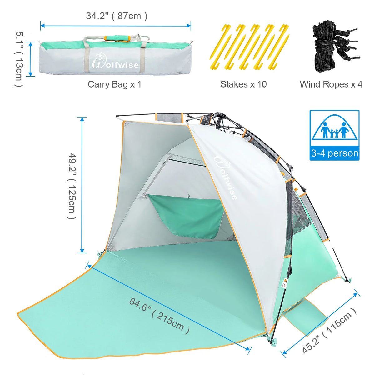 WolfWise 3-4 Person Easy Up Beach Tent UPF 50+ Portable Instant Sun Shelter Canopy Umbrella with Extended Zippered Porch, Mint Green