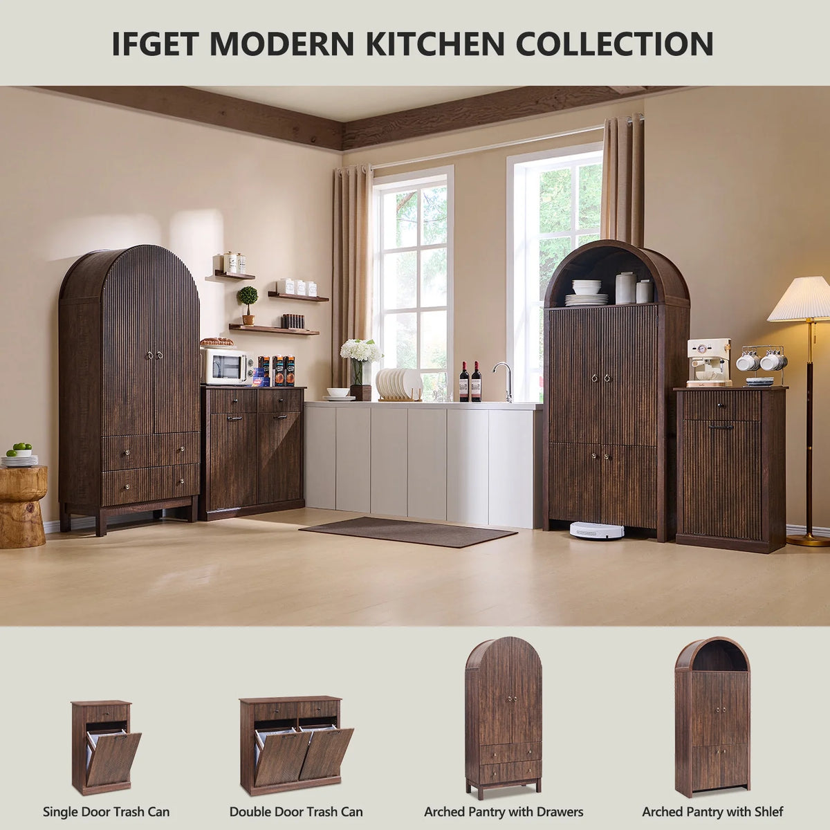 SinCiDo Arched Kitchen Pantry Storage Cabinet, 71-Inch Tall Wood Adjustable Shelves, 2 Doors, 2 Drawers