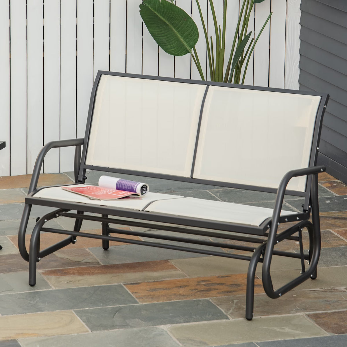 Outsunny 2-Person Outdoor Glider Bench, Patio Double Swing Rocking Chair Loveseat w/Powder Coated Steel Frame for Backyard Garden Porch, Black