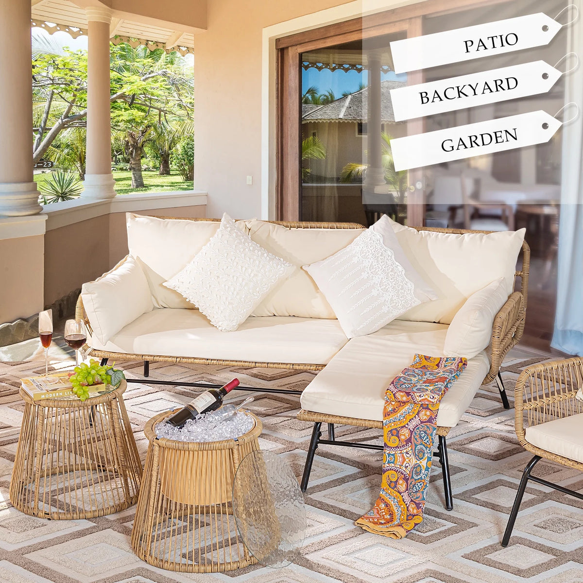 RADIATA 6-Piece Boho Patio Furniture Set, Outdoor Wicker Sectional Sofa Conversation Set with Ice Bucket & Coffee Table, 500lbs Capacity, Beige