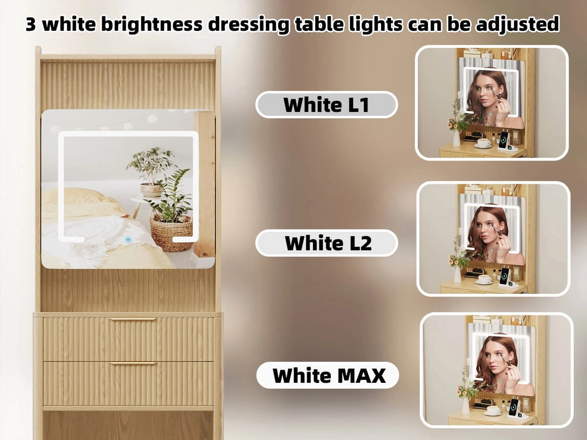 UGTOO 45.2" Modern Vanity Desk with LED Mirror & USB Charging, Wood Makeup Dressing Table with 7 Drawers for Bedroom