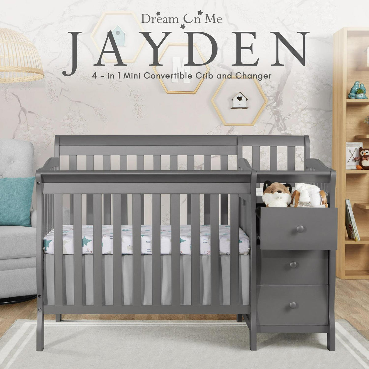 Dream On Me Jayden 4-in-1 Convertible Mini Crib and Changer. Storm Grey