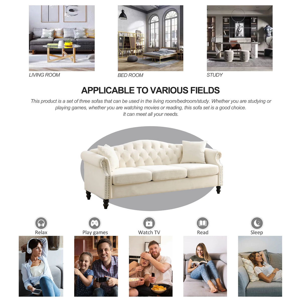 Chesterfield Upholstered Velvet Sofa, 3 Seater Button Tufted Couch with Nailhead Arms for Living Room Bedroom Office Apartment