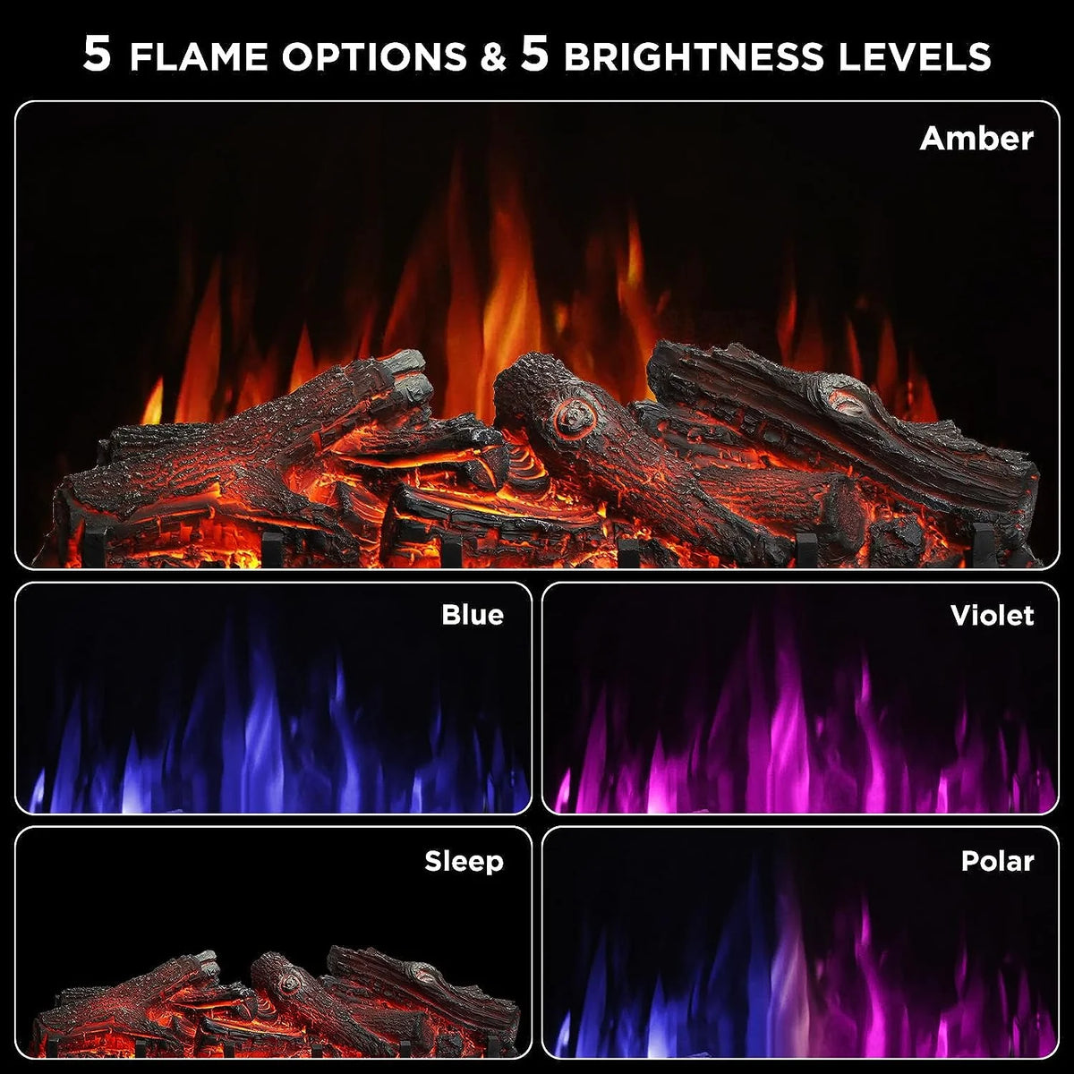 TURBRO Eternal Flame 26 in. WiFi Infrared Quartz Electric Fireplace Log Heater with Sound Crackling, Realistic Pinewood Logs, Adjustable Flame Colors, Remote Control, Thermostat, Timer, 1500W Bronze