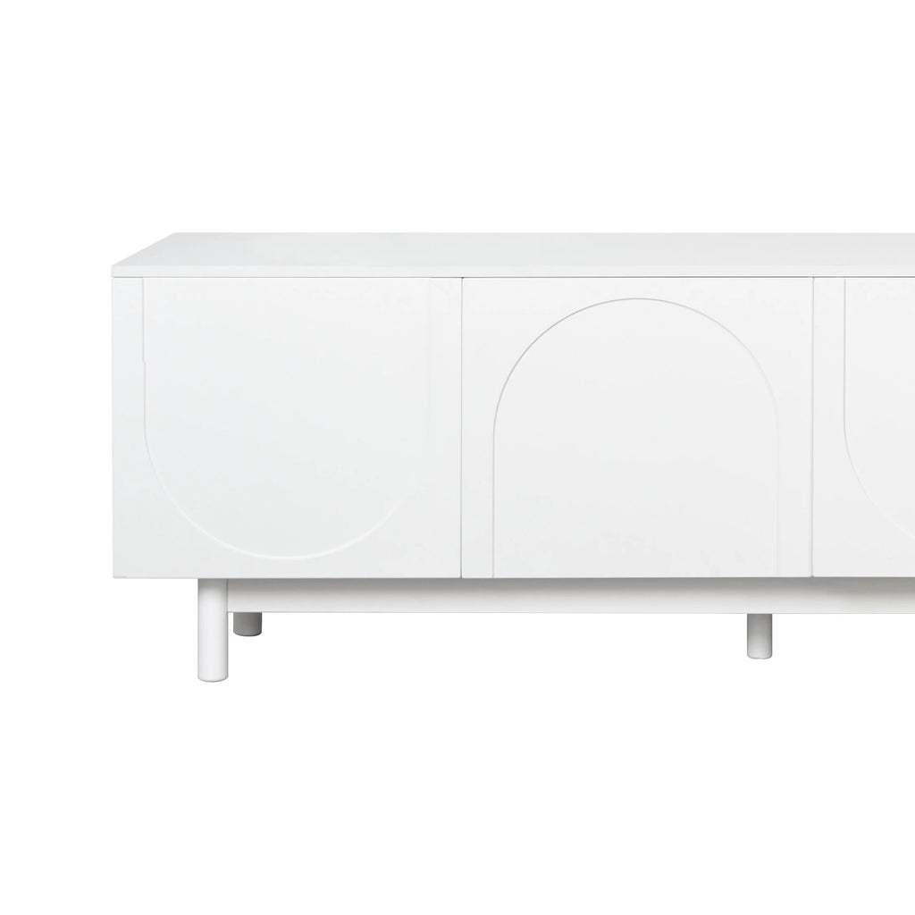 71" Graceful TV Stand with Arch Cabinets Minimalist Media Console for 78" TVs, White Entertainment Center with Solid Wood Legs & Adjustable Shelves