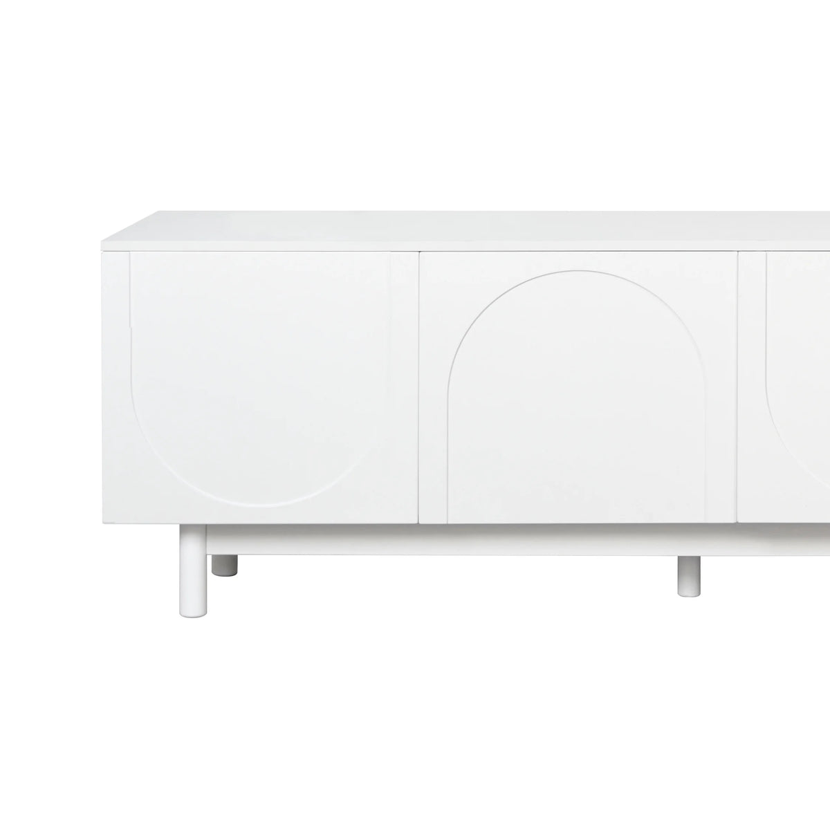 71" Graceful TV Stand with Arch Cabinets Minimalist Media Console for 78" TVs, White Entertainment Center with Solid Wood Legs & Adjustable Shelves