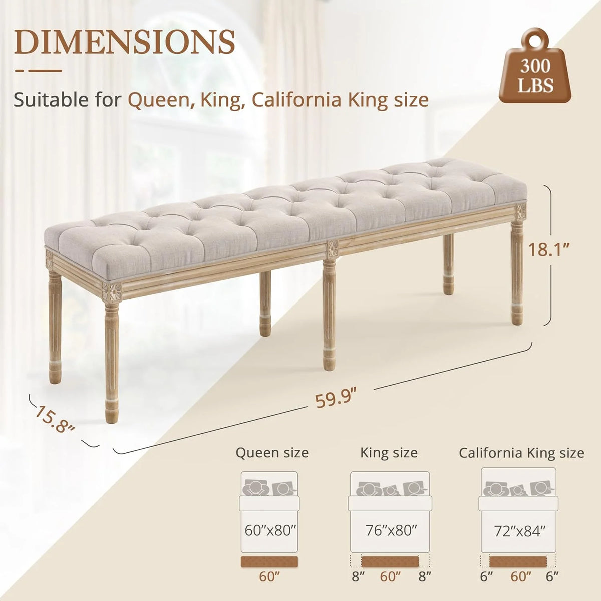 Dycanpo 44'' End of Bed Bench, Vintage Upholstered Bench for Entryway, Wheat