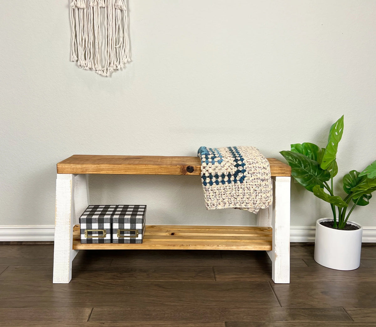 Farmhouse Pine Wood Storage Shelf Bench, Lt Brown White
