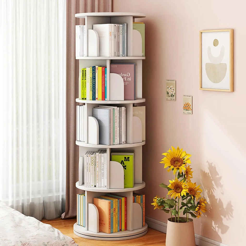 Bimiti 5 Tier Rotating Bookshelf, 360 Revolving Bookcase 20 Shelves Floor-Standing Storage Display Rack - White 63"x18"x18", Adult