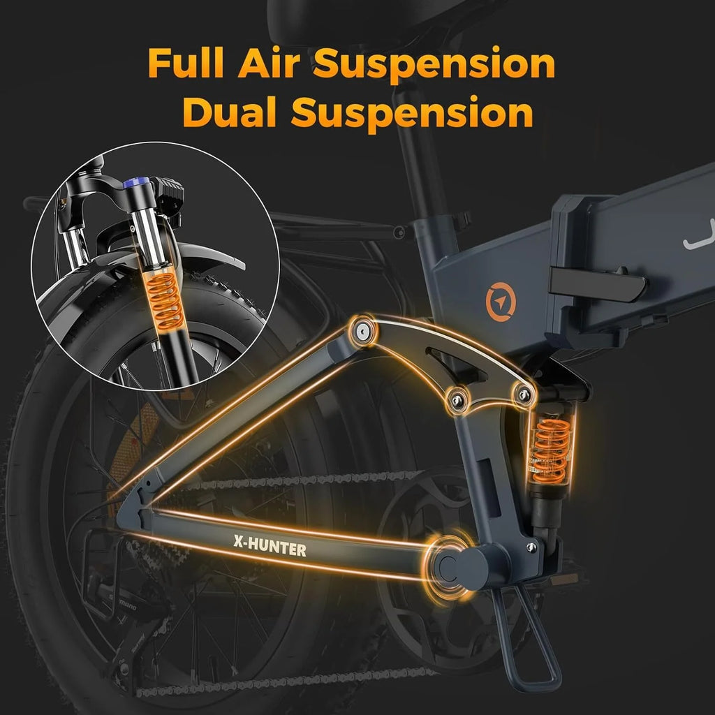 Jasion X-Hunter Electric Bike for Adults, 750W Motor Electric Bicycle with 48V 13AH Removable Battery, 20" x4.0 Fat Tire Folding Ebike, Full Suspension, 7-Speed Bicycles