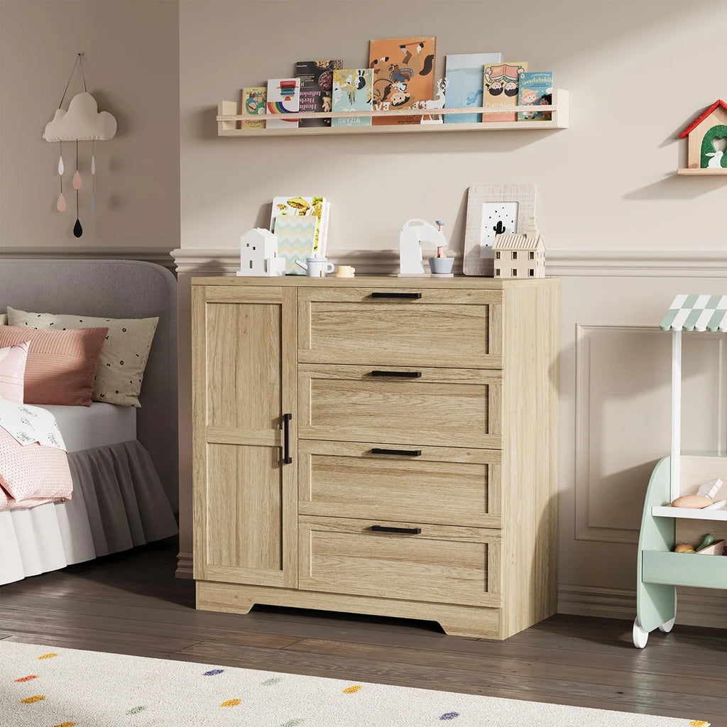 Ataucjin Wood Armoire Wardrobe Closet with 4 Drawers and Door, 43.3" H Bedroom Wardrobe Cabinet with Hanging Rod, Clothing Storage Cabinets, 4 Drawers Dresser with Storage Closet