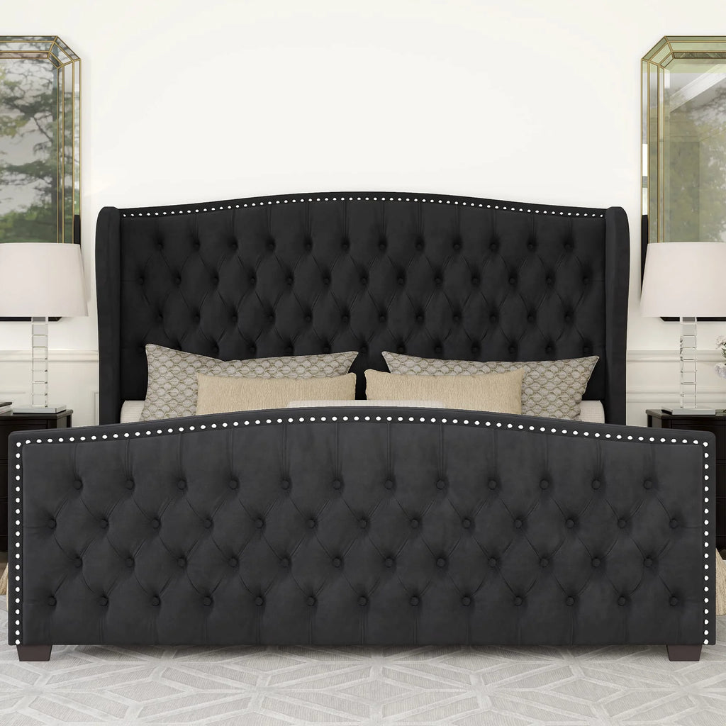 VANACC Queen Size Bed Frame, Velvet Upholstered Bed with Deep Button Tufted Wingback Headboard Grey