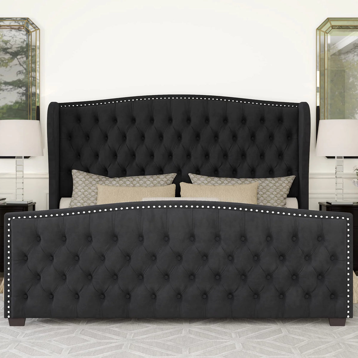 VANACC Queen Size Bed Frame, Velvet Upholstered Bed with Deep Button Tufted Wingback Headboard Grey