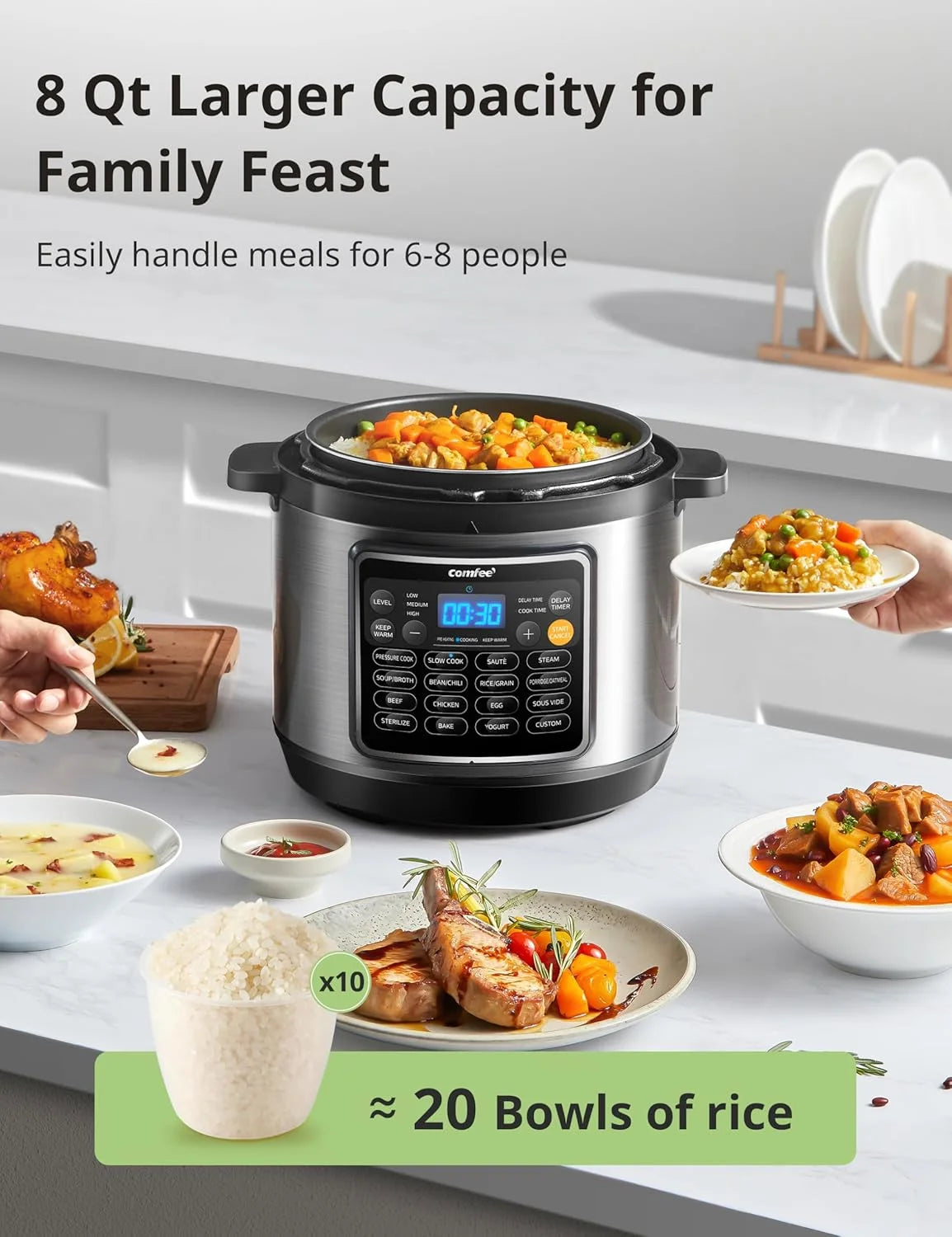 COMFEE 16 in 1 Electric Pressure Cooker Instant Multi Cooker Olla de Presion Non-Stick Pot Yogurt Maker Rice Cooker Slow Cooker Saut Steamer 8 Quarts Stainless Steel