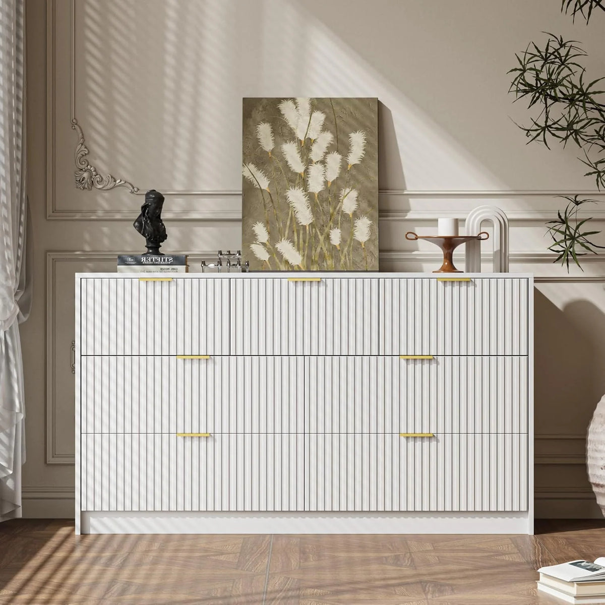 Furniway Black Dresser for Bedroom, 8 Drawer Double Dresser, Modern Chest of Drawers for Bedroom, Living Room, Entryway and Closet, 55" L x 15.7" D x 37.4" H