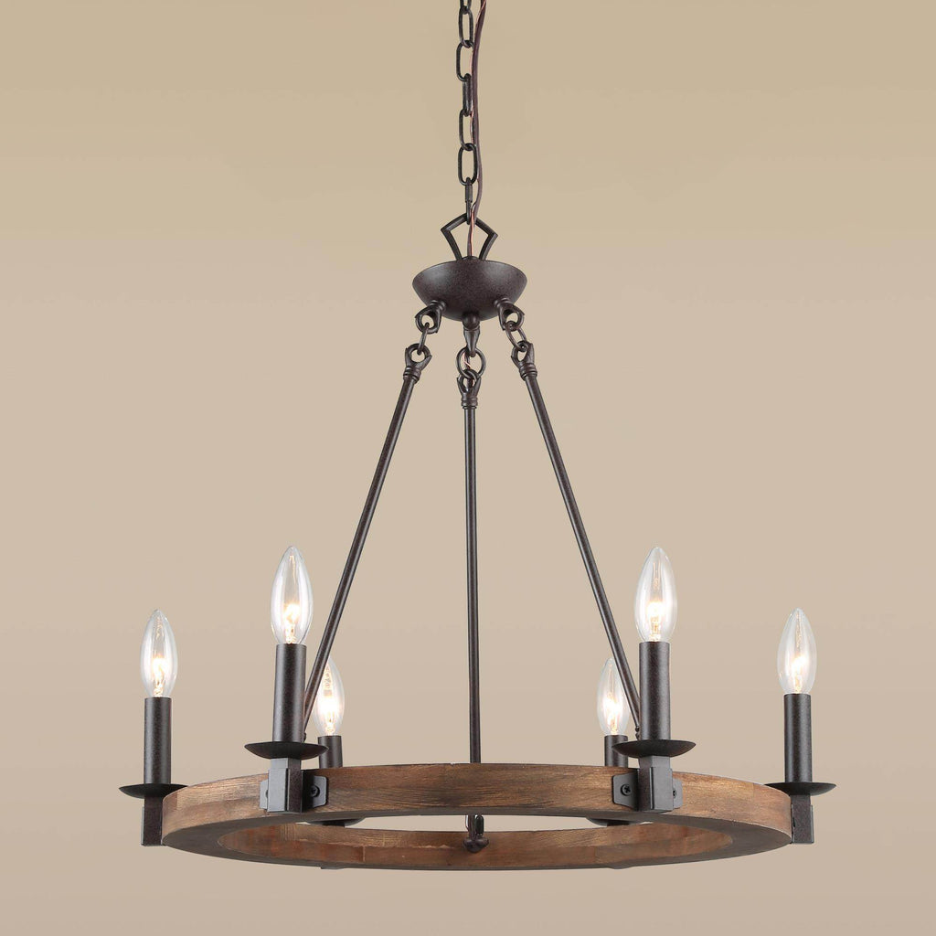 LNC 6-Light Distressed Brown and Bronze Wagon Wheel Farmhouse Chandelier