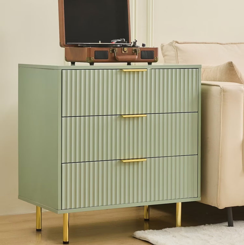 HRYJ White Large 3 Drawers Nightstand Dresser Fluted Wood Night Stand Bedside Table for Bedroom