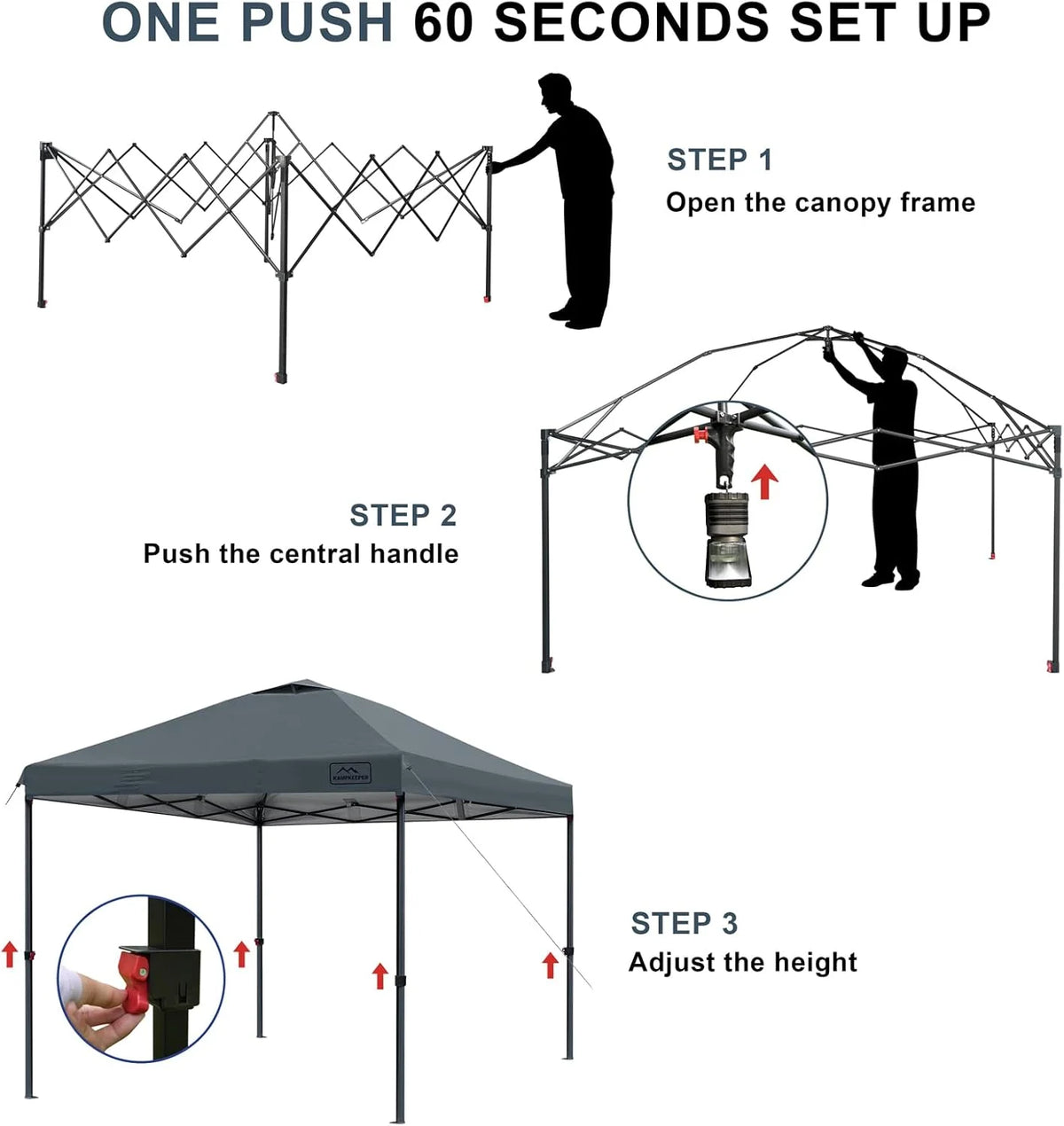 KAMPKEEPER One Person Setup 10x10 Pop up Canopy Tent, Instant Portable Canopy, One Push Outdoor Canopy with 3 Adjustable Heights, Wheeled Carry Bag, Bonus 8 Stakes and 4 Ropes(Dark Grey)