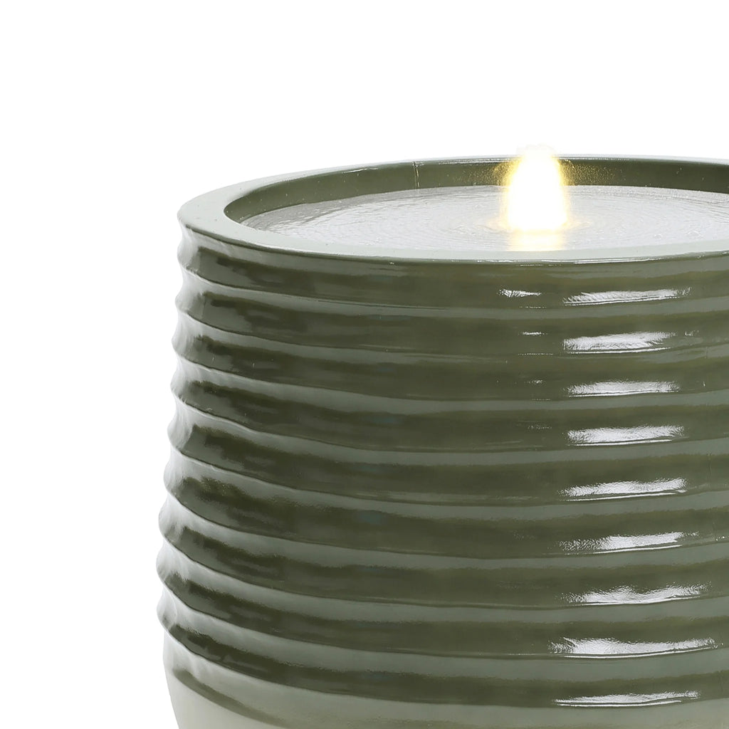 LuxenHome 20" Resin Lighted Garden Bubbling Water Fountain with Emerald Ribbed Top and Ivory Bottom