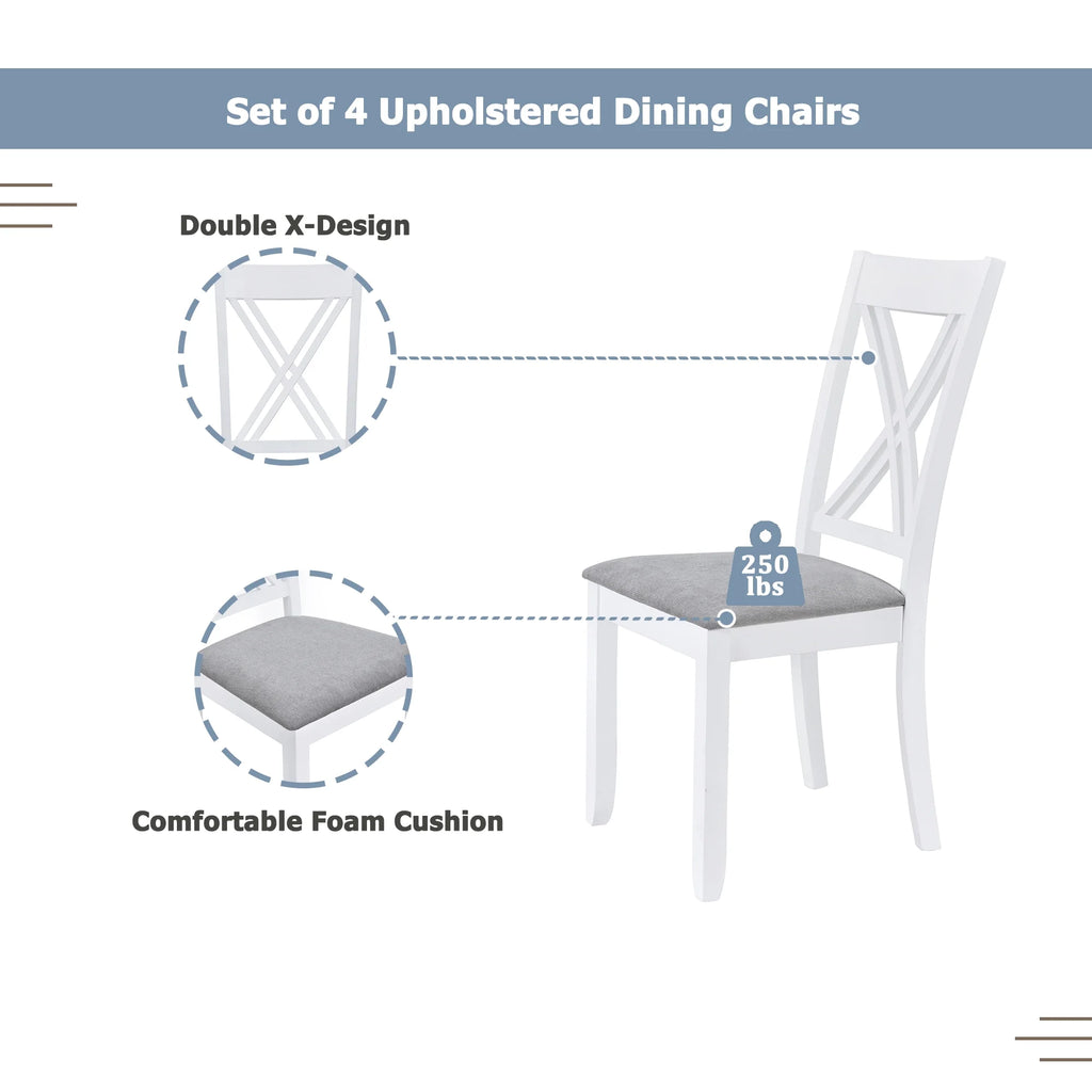 Seizeen Solid Wood Kitchen Table and Chairs, Dining Room Table Set for 4 with Gray Upholstered Chairs, Wood Grain Table Heavy-Duty Frame, Rustic Minimalist Style Breakfast Nook Set