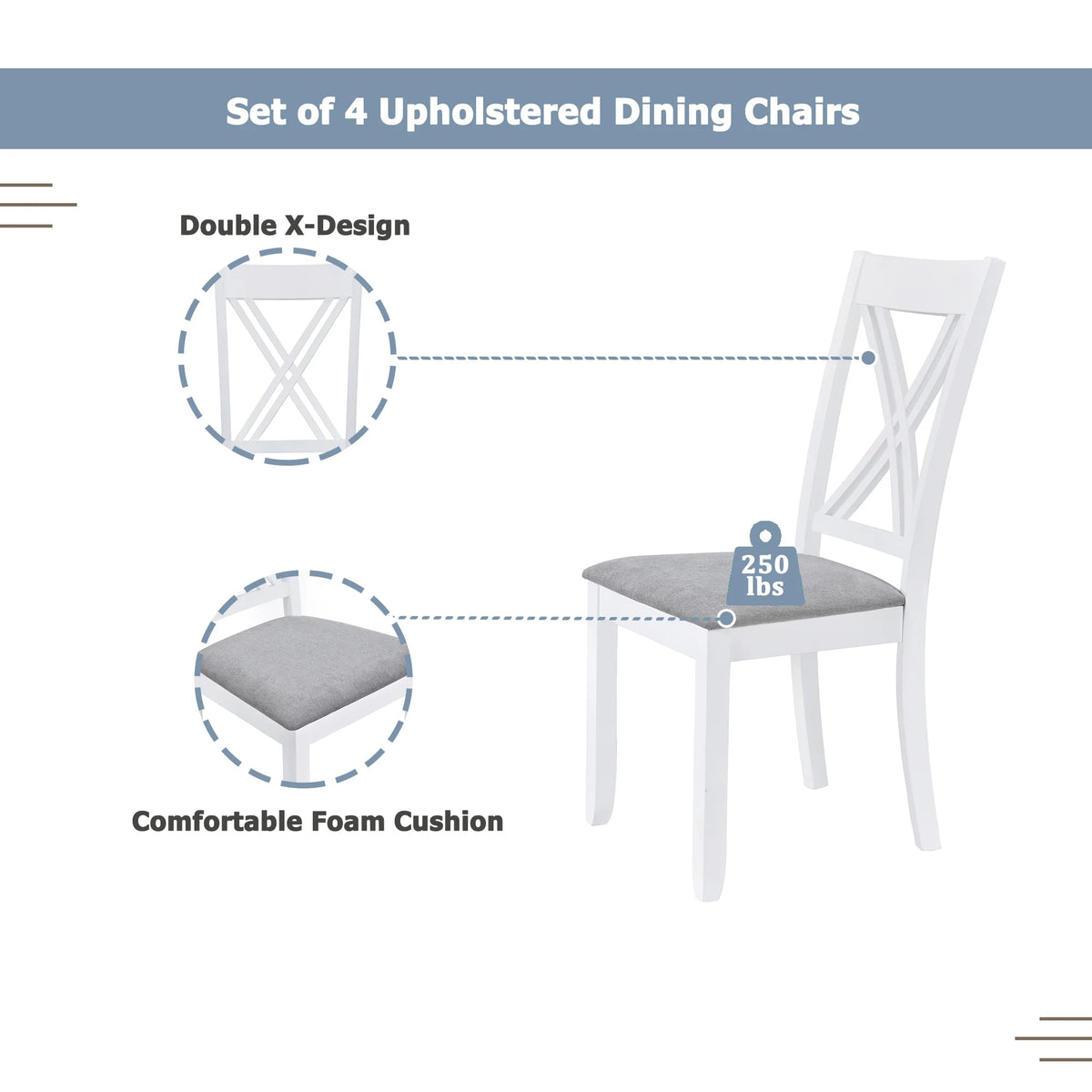 Seizeen Solid Wood Kitchen Table and Chairs, Dining Room Table Set for 4 with Gray Upholstered Chairs, Wood Grain Table Heavy-Duty Frame, Rustic Minimalist Style Breakfast Nook Set