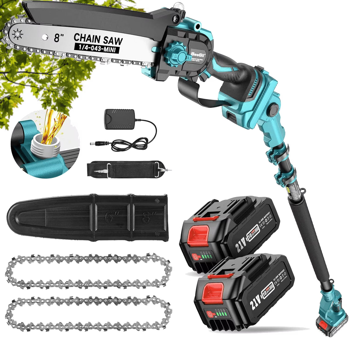 Seesii 2-in-1 Cordless Pole Saw, 8 Inch Brushless Pole Chainsaws Mini Handheld Chainsaw with 2Pcs 21V Batteries, 2x Chains, Auto Oiler, 16FT MAX Extension Pole Saws for Tree Trimming
