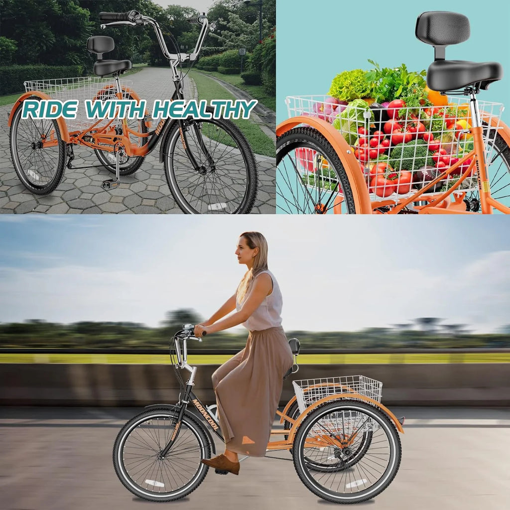 FICISOG 7 Speed Adult Tricycle for Women, 20/24/26 Inch Adult Trike with Basket, 3 Wheel Bikes for Adults Seniors, Cruise Trike for Shopping Picnic