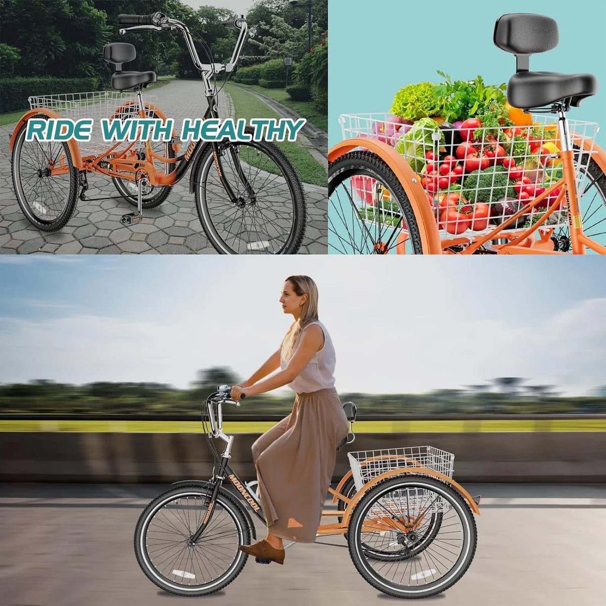 FICISOG 7 Speed Adult Tricycle for Women, 20/24/26 Inch Adult Trike with Basket, 3 Wheel Bikes for Adults Seniors, Cruise Trike for Shopping Picnic
